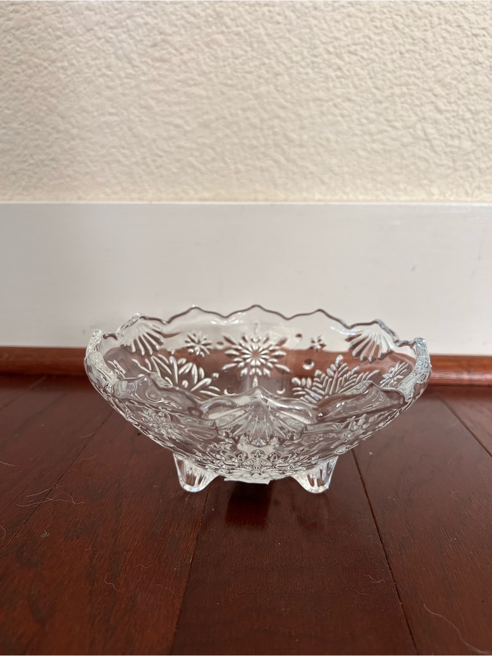 Vintage Mikasa Footed Crystal Bowl Raised Snowflake Scalloped Edge